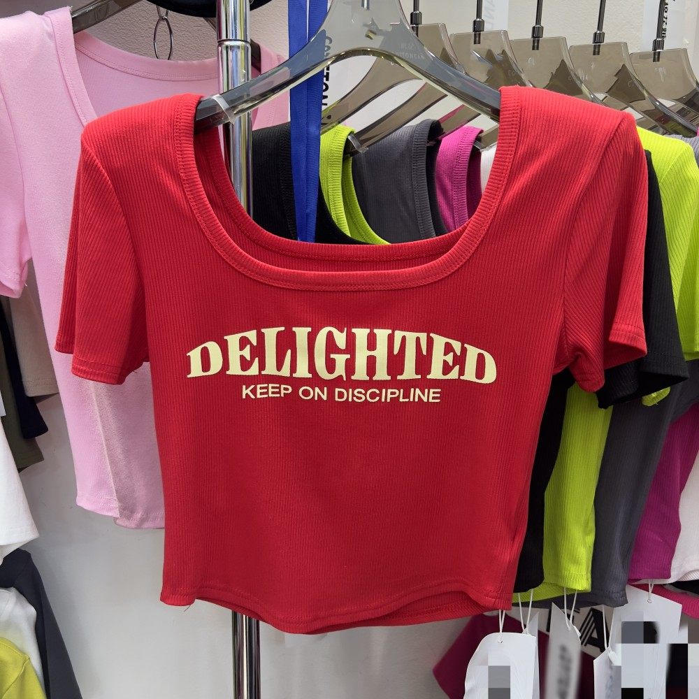 cici家方领垫肩上衣2023夏季新款纯欲上衣字母印花设计感短袖t恤