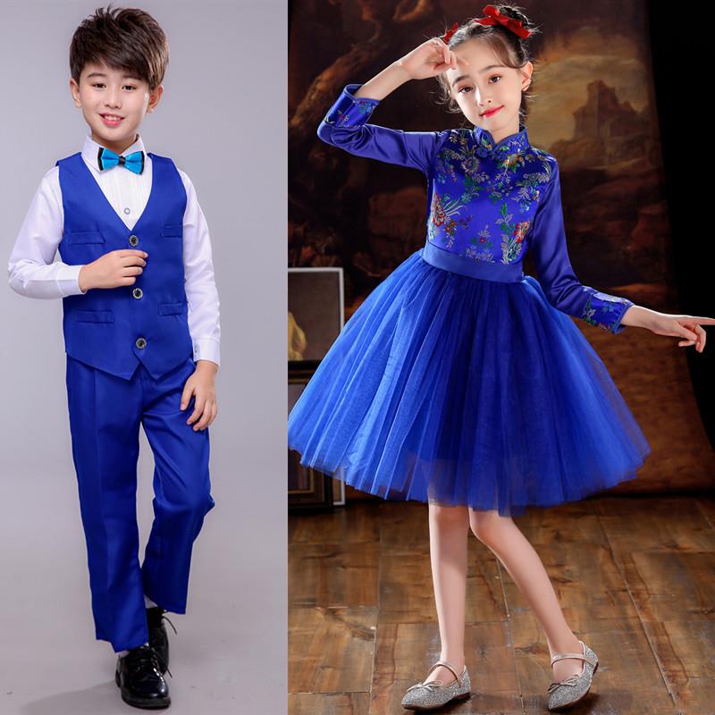 元旦儿童合唱演出服女童蓬蓬公主裙中小学生诗歌朗诵表演服宝蓝色