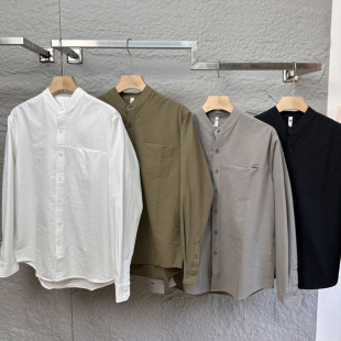 高级感白色立领衬衣圆领寸衫 重磅纯棉牛津纺衬衫 春季 长袖 外套 男士