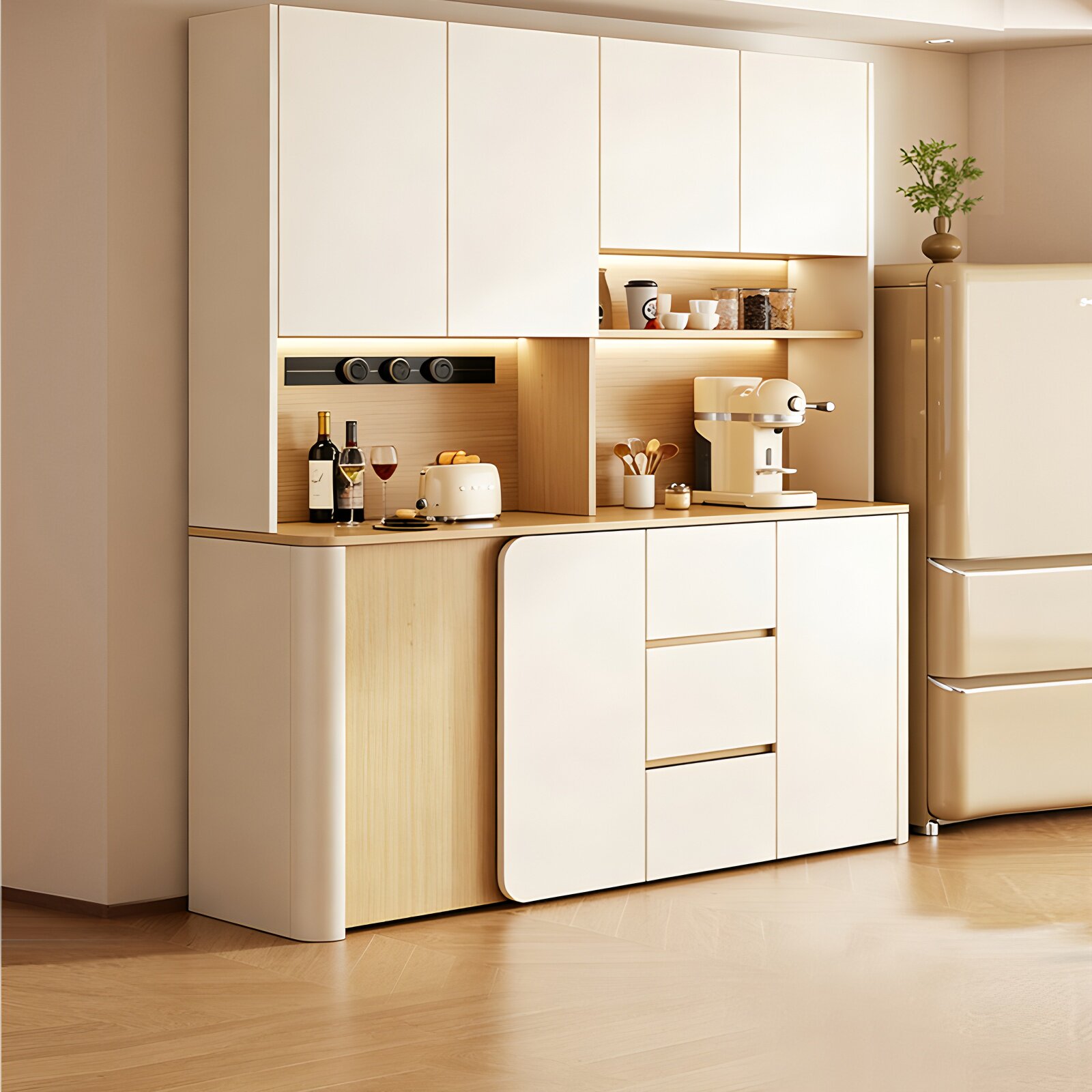 餐边柜靠墙一体奶油风厨房置物架家用客厅落地边柜茶水柜储物柜