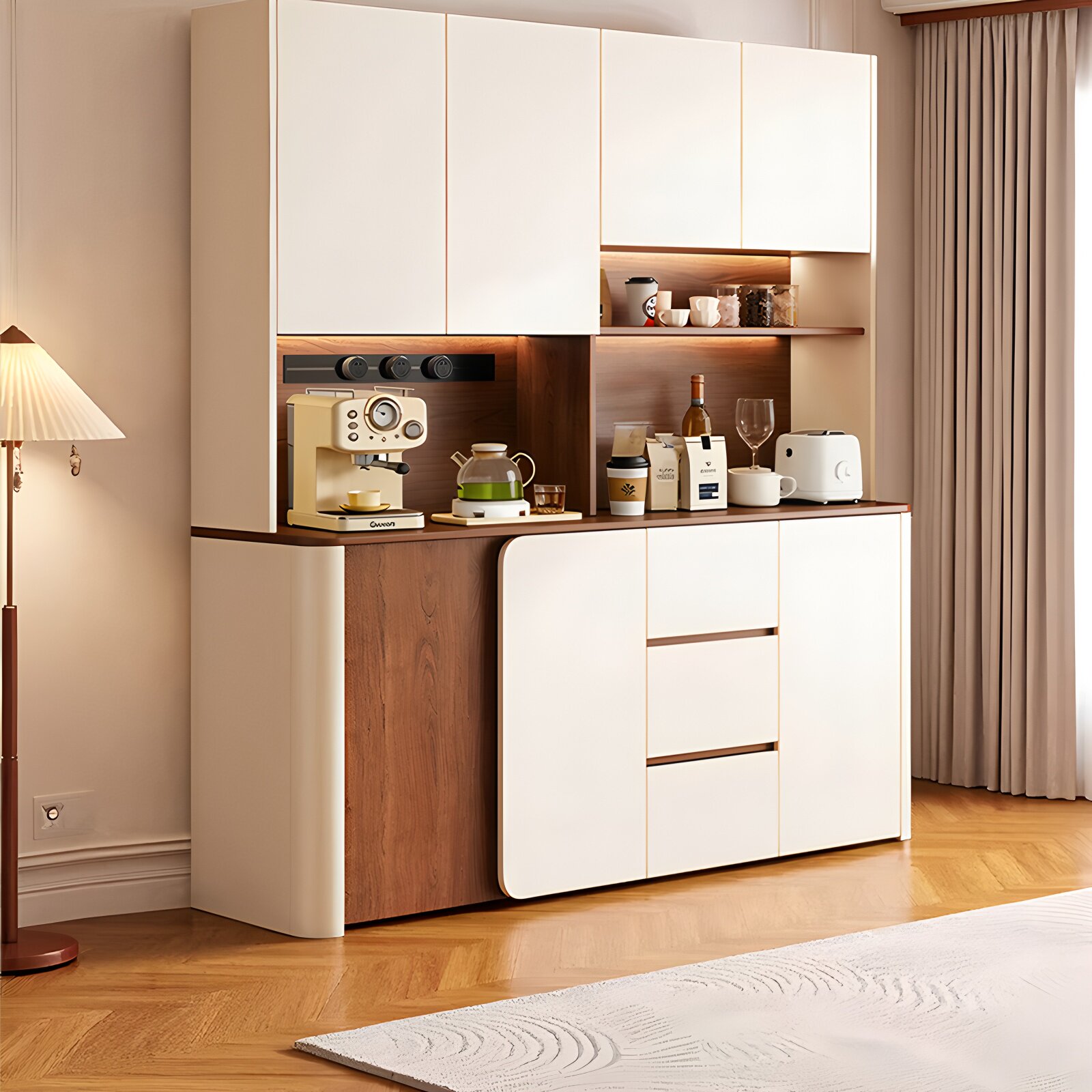 餐边柜靠墙一体储物柜中古奶油风圆角定制厨房橱柜客厅酒柜置物柜