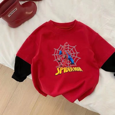 蜘蛛侠卡通上衣红色假两件长袖T恤男童帅气外穿潮流宽松打底衫ins