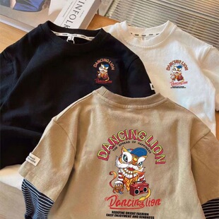 国潮风舞狮儿童假两件上衣T恤长袖男童打底衫春秋款宽松痞帅纯棉t