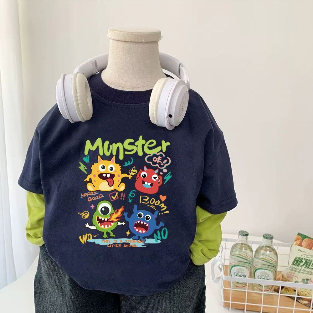 男女童春秋季卡通小怪兽印花纯棉长袖T恤宝宝洋气假两件上衣潮流