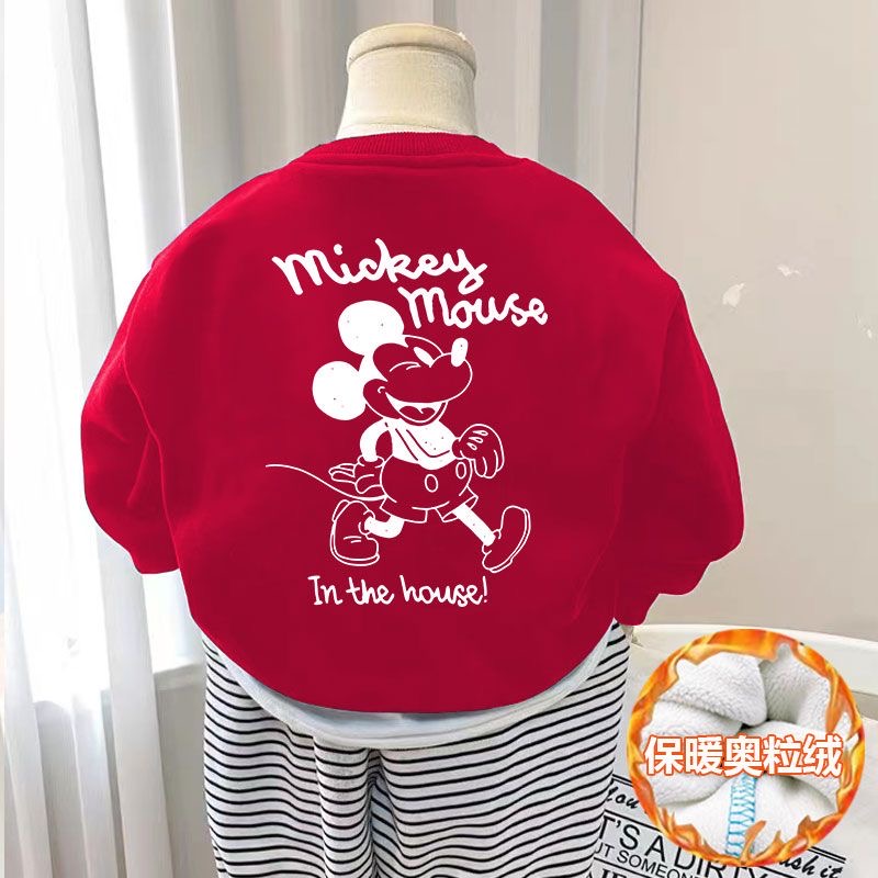 男童加绒红色卫衣秋冬季儿童装加厚保暖一体绒米奇爆款洋气女童潮