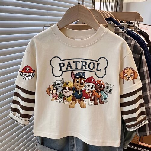 童装假两件条纹拼接撞色长袖T恤男童汪汪队衣服秋季薄款打底衫潮t