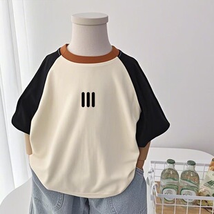 夏季短袖T恤薄款撞色拼接袖男童纯棉上衣女童简约百搭潮流中大童