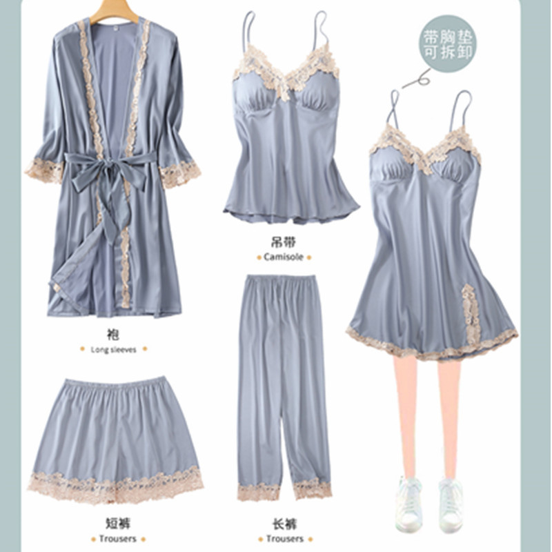 Pajamas Women's Sexy Five Piece Set Silk Thin Pajama Skirt