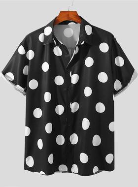 Summer Men Shirt Polka Dot Print Streetwear Lapel Men Clothi