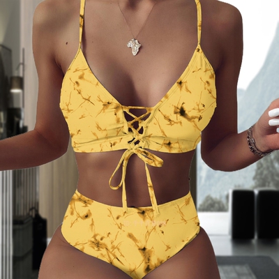Printing bikini lace up split swimsuit women印花比基尼泳装女