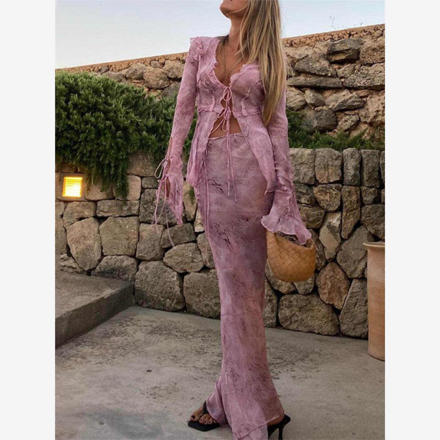 欧美时尚经典女装气质印花度假两件套辣妹新品长裙套装度假裙子夏