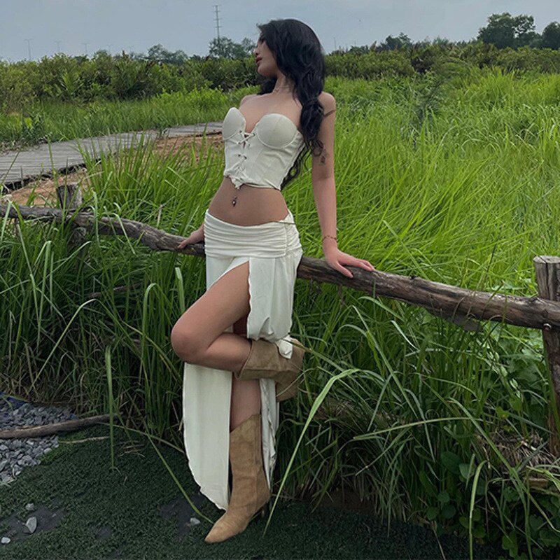 欧美时尚经典女装气质白色抹胸无袖辣妹上衣低腰开衩半裙套装辣妹