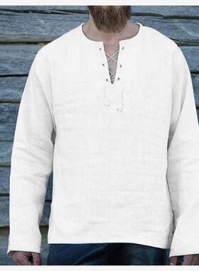 2020外贸亚马逊大码上衣春秋新款男士纯色系带宽松V领长袖棉麻T恤