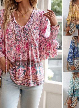 印花上衣衬衫 Bohemian tops printed long sleeved women shirts