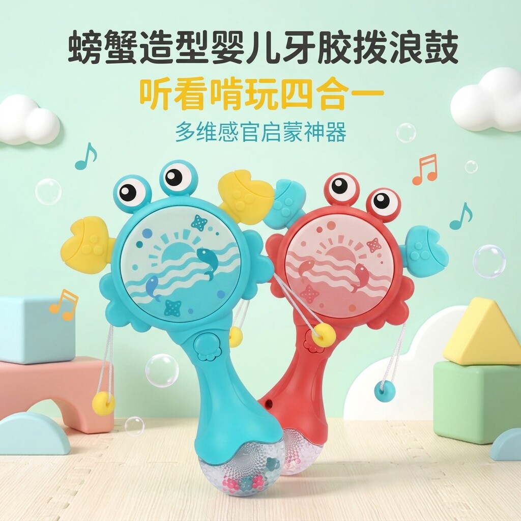 螃蟹声光拨浪鼓婴儿可啃咬牙胶 0-12 个月宝宝音乐手摇铃安抚玩具