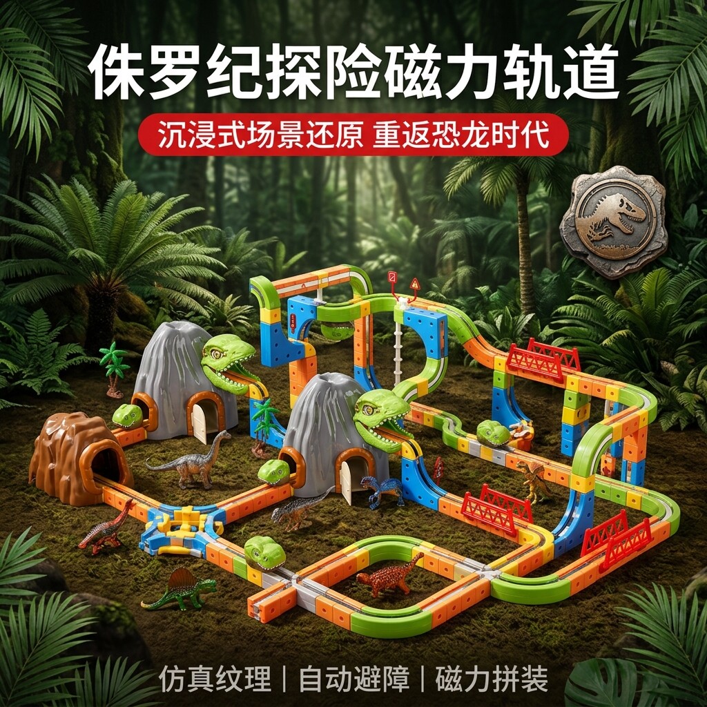 恐龙探险磁吸轨道积木倒挂DIY卡扣拼装电动小车儿童益智套装玩具