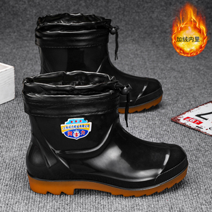 工地大码雨鞋男士加绒保暖短筒厨房厨师水鞋中筒长筒加肥矿工胶靴