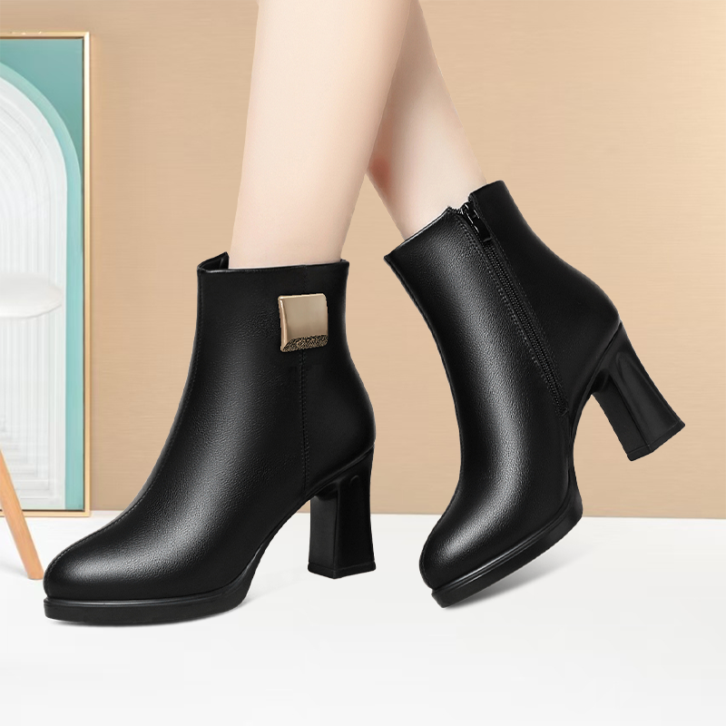 圆头防水台高跟棉靴模特时尚防滑加绒皮靴厚底旗袍耐穿短筒走秀鞋