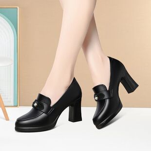 时尚中年厚底深口模特走秀鞋舒适圆头粗跟乐福鞋女士轻便高跟皮鞋