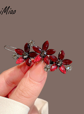 新年红色发饰高级感水钻琉璃花朵发夹女刘海侧边夹子青蛙扣一字夹