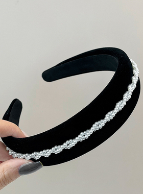 高级感黑色丝绒珍珠海绵头箍压发箍简约公主百搭高颅顶宽边显脸小