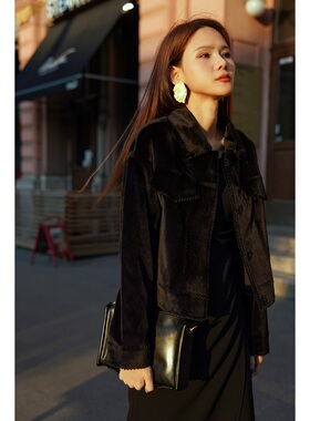 【IZUO颐着】双口袋宝嘉美金牌黑貂水貂貂绒黑色翻领时尚短外套