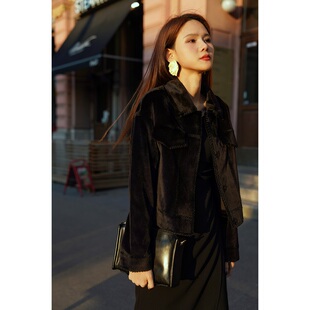 【IZUO颐着】双口袋宝嘉美金牌黑貂水貂貂绒黑色翻领时尚短外套