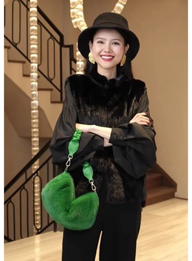 【IZUO颐着】财圆滚滚定染绿色羊皮包带水貂包包时尚百搭超时髦