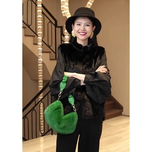 【IZUO颐着】财圆滚滚定染绿色羊皮包带水貂包包时尚百搭超时髦