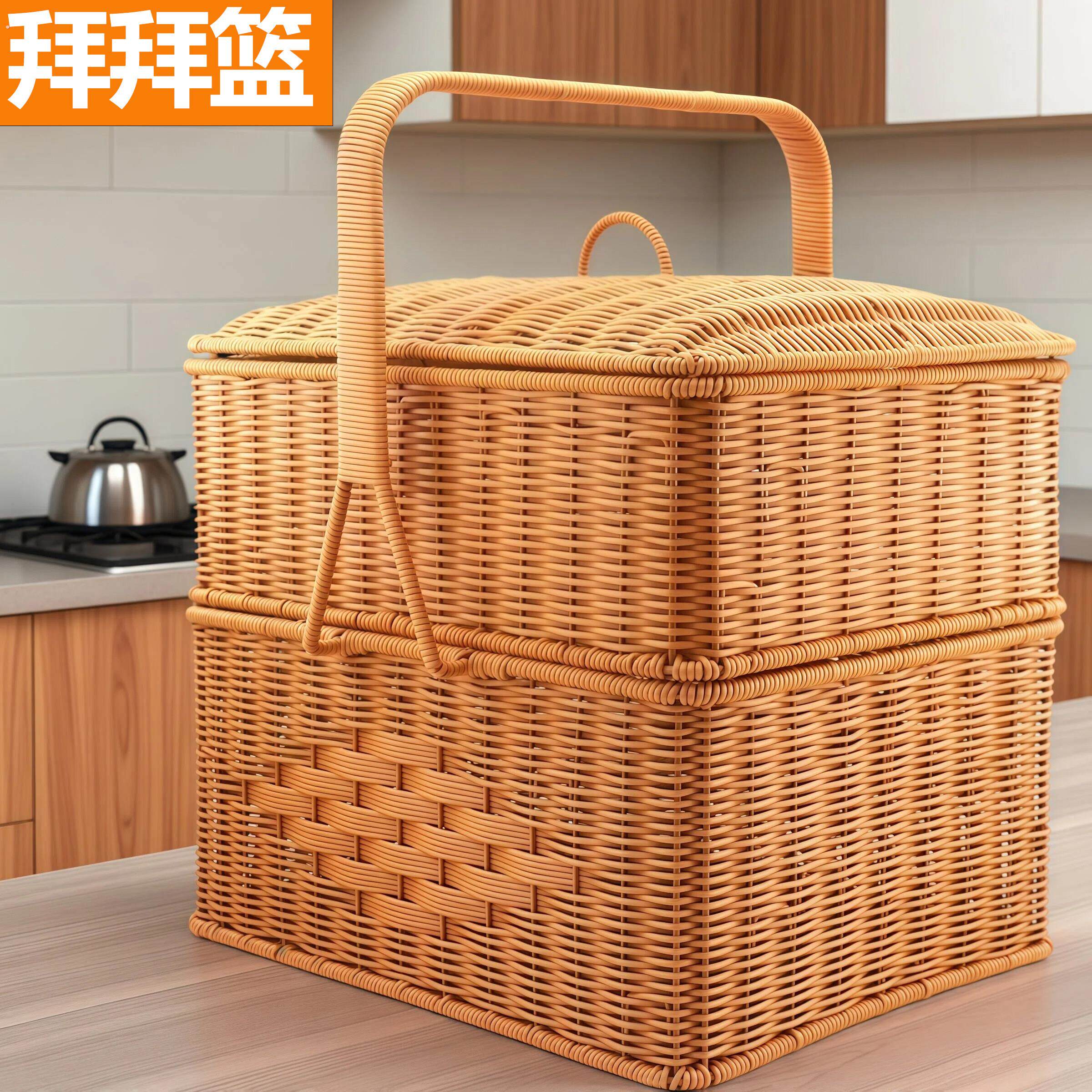 巧手匠彷藤编长方形拜拜篮双层手提篮大容量家用装鸡户外拜神篮子