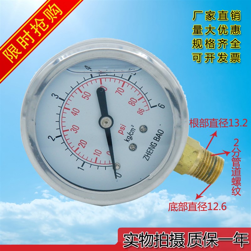 不锈钢耐震压力表管道 抗震防震压力显示表 YN60 16kg螺纹1/4psi