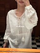 亚麻衬衫 Trends 女 法式 重工浪漫蕾丝镂空宽松长袖 Area 定制夏新款