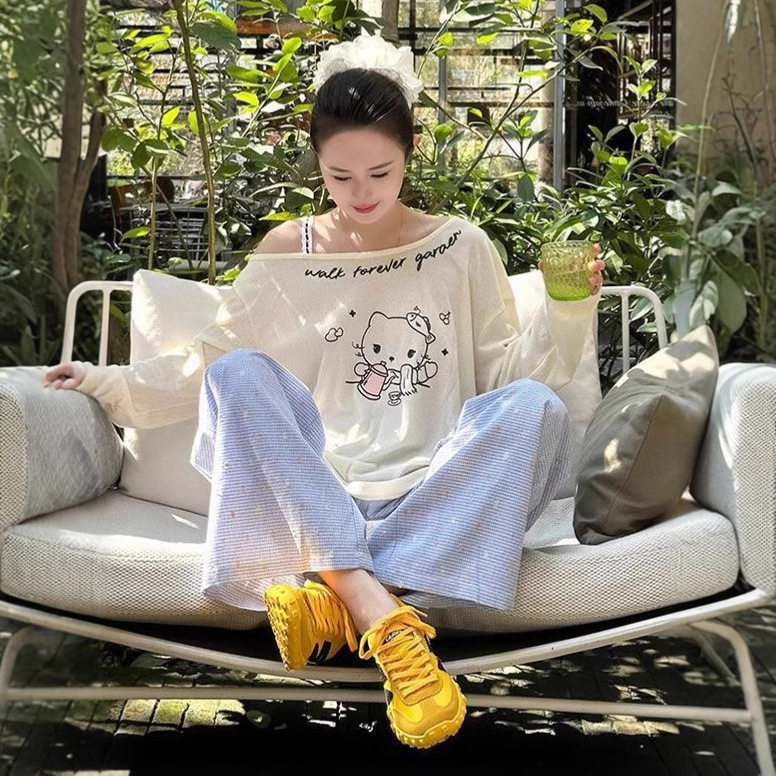 韩系斜肩长袖T恤女夏季小个子宽松外搭防晒罩衫薄款辣妹露肩上衣