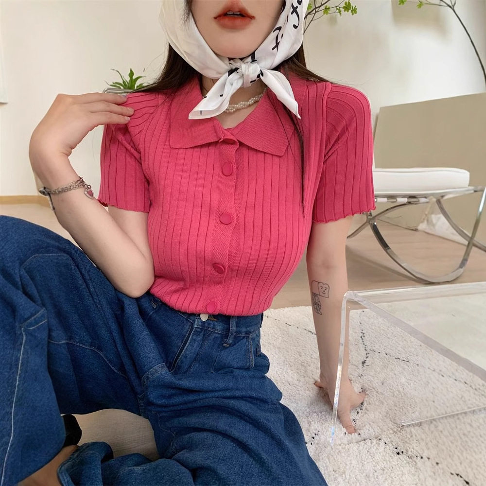 法式Polo领玫红色冰丝针织开衫上衣女夏季设计感小众正肩短袖T恤