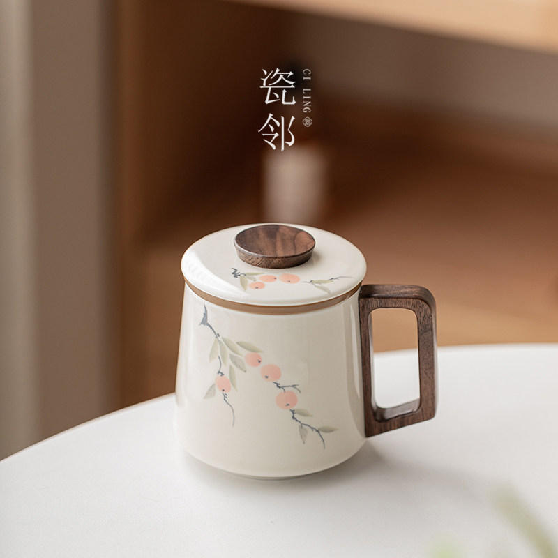 瓷邻釉下彩柿柿如意手绘陶瓷茶杯茶水分离杯子泡茶杯办公室喝茶杯