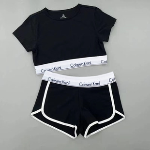 短袖女棉短款正肩上衣c?ckν性感修身T恤学生运动套装背心性感