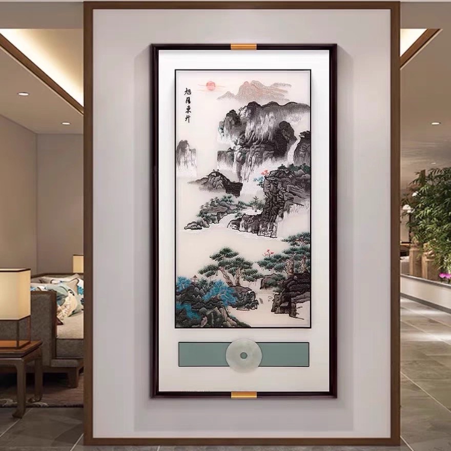 新中式入户玄关装饰画刺绣走廊过道成品挂画苏绣山水画旭日东升画图片