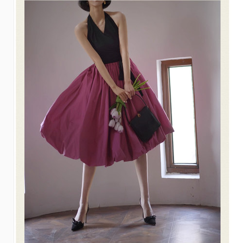 古着赫本风高腰优雅马卡龙色大摆裙松紧腰a字花苞裙气质显瘦半裙