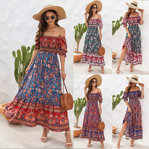 Bohemian beach holiday dress shoulder bubble sleeve flower