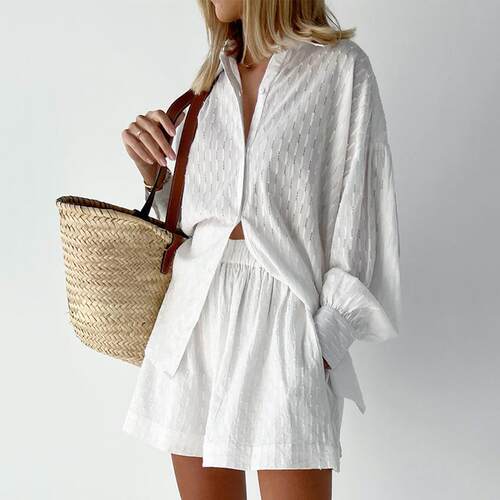 2022 women's jacquard bubble sleeve shirt top shorts commute