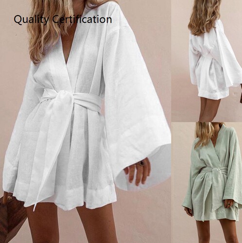 Solid color loose cotton and linen mid-length shirt skirt