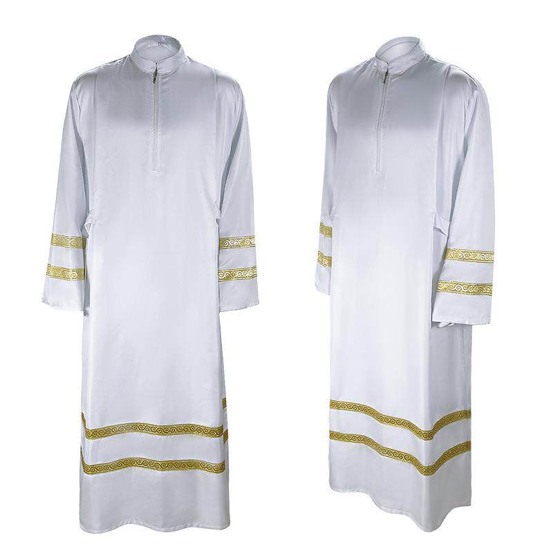 欧美男士白色牧师服装cospaly礼服中世纪使命长袍cos服装演出服。