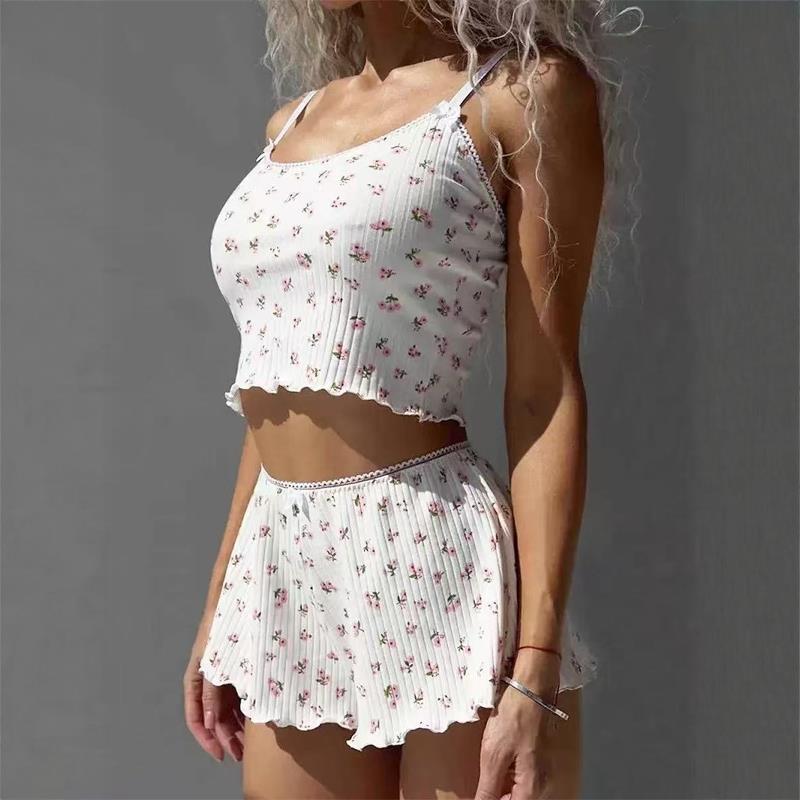 欧美性感吊带短裤碎花睡衣家居套装女 homewear pajama set women