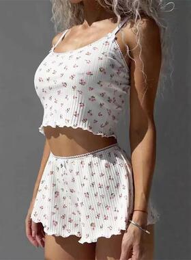 欧美性感吊带短裤碎花睡衣家居套装女 homewear pajama set women