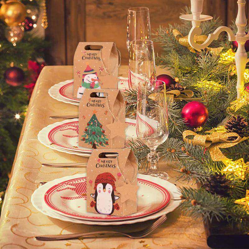 6Pcs Merry Christmas Candy Box with Tag 6 Patterns Kraft Pap