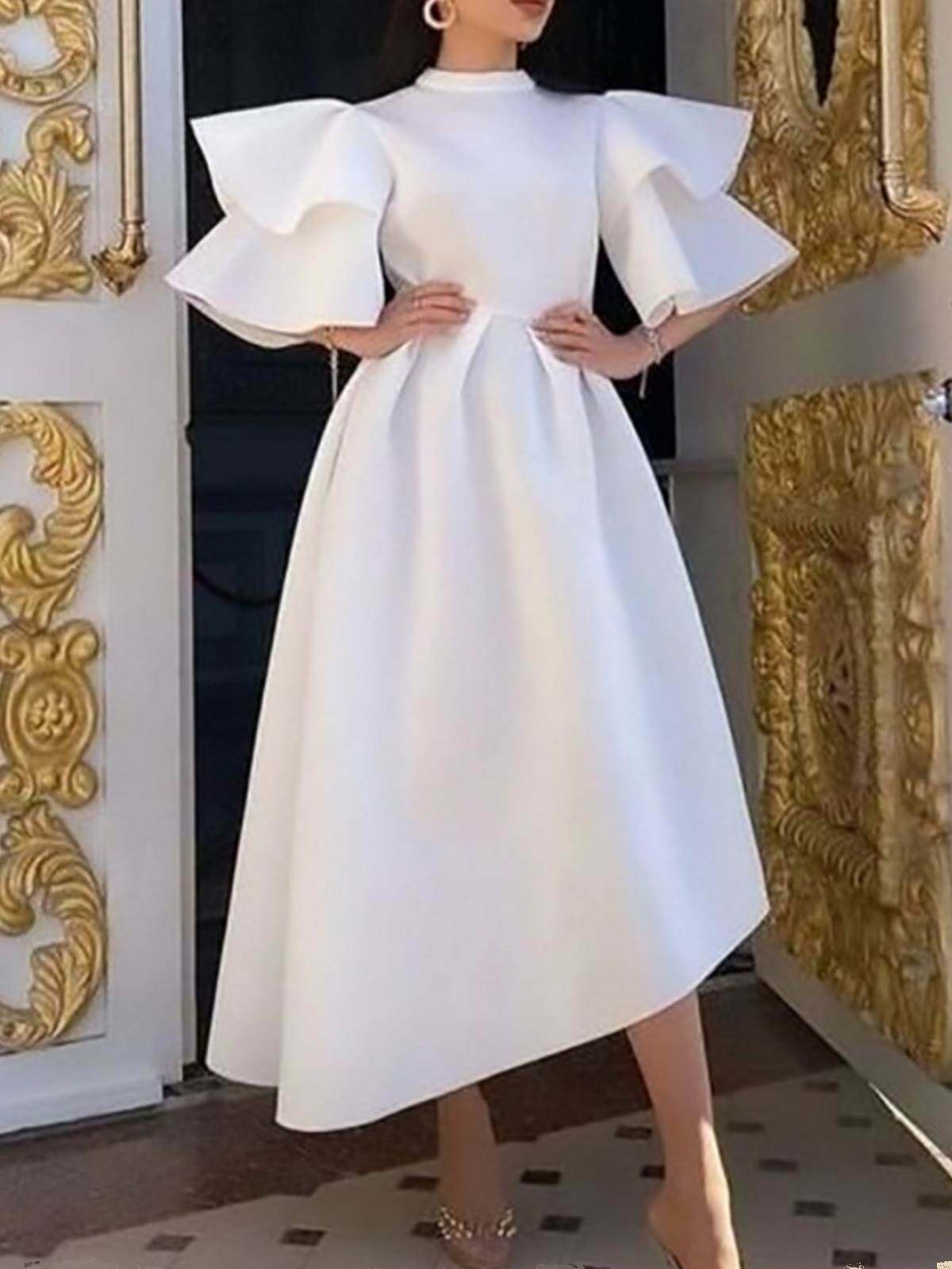 Ruffle Sleeve Dress 小众设计感荷叶袖太空棉不规则礼服连衣裙女