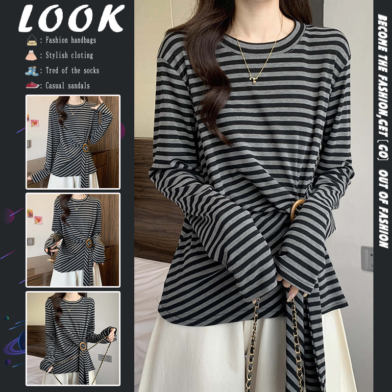 早秋复古撞色条纹打底衫女内搭设计感不规则绑带收腰长袖t恤上衣