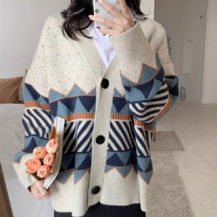 宽松慵懒风网红气质针织开衫 毛衣女秋冬新款 拼色百搭时尚 跨境爆款