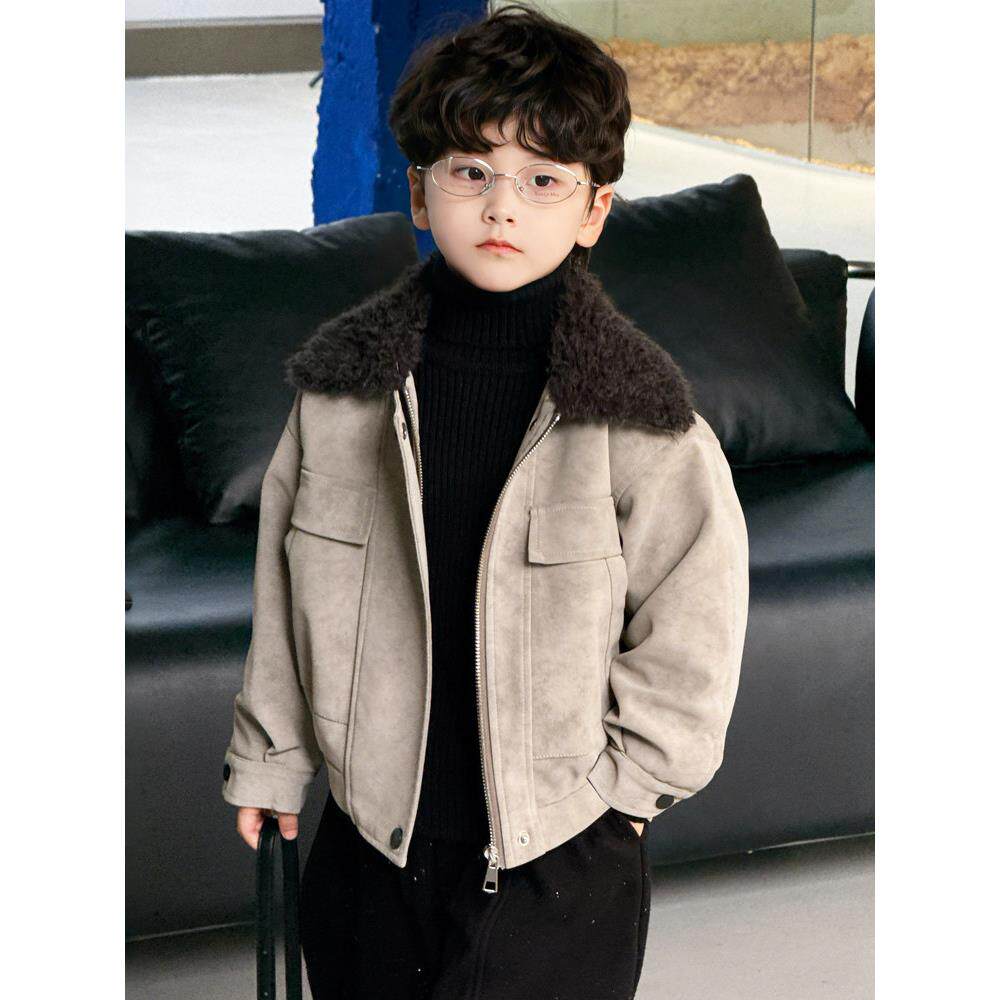 男童外套秋冬装新款帅气儿童覆古港风皮衣宝宝加厚加绒棉衣皮夹克