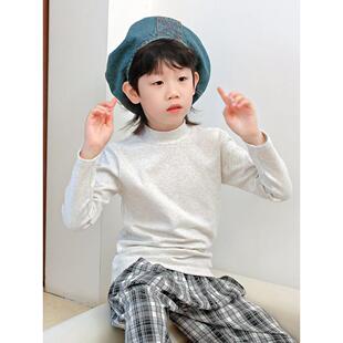 280g儿童纯棉长袖T恤男童羊毛拉架中领打底衫宝宝半高领秋衣上衣